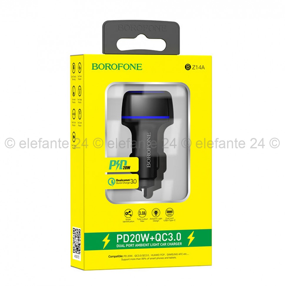 Автомобильное зарядное устройство Borofone USB + Type-C 3.0A QC3.0 BZ14A Black (20)
